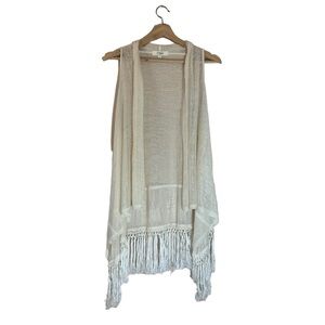 Umgee Boho Sheer Cream Open Front Sleeveless Cardigan with Fringe Size Medium